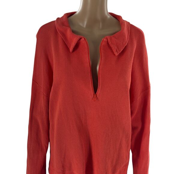 Kule Orange Red Rosewell Waffle Knit Cotton Quarter Zip Pullover - Picture 4 of 11
